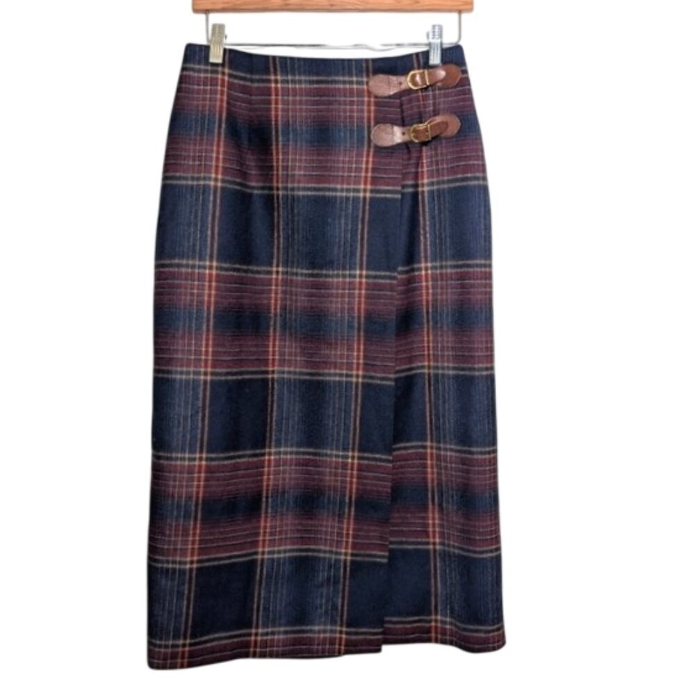 Talbots 100% Wool Plaid Wrap Skirt With Leather Buckle Accents 8‎ Petites